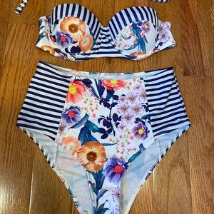 Floral and stripe high rise bottom two piece